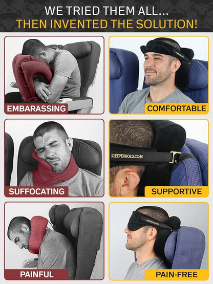 Sleeper Hold Travel Pillow - Real Sleeping Experience on Long Flights - Head Strap with Eye Mask - Super-Soft, Lightweight, Easy-to-Carry, and Machine-Washable Airplane Pillow